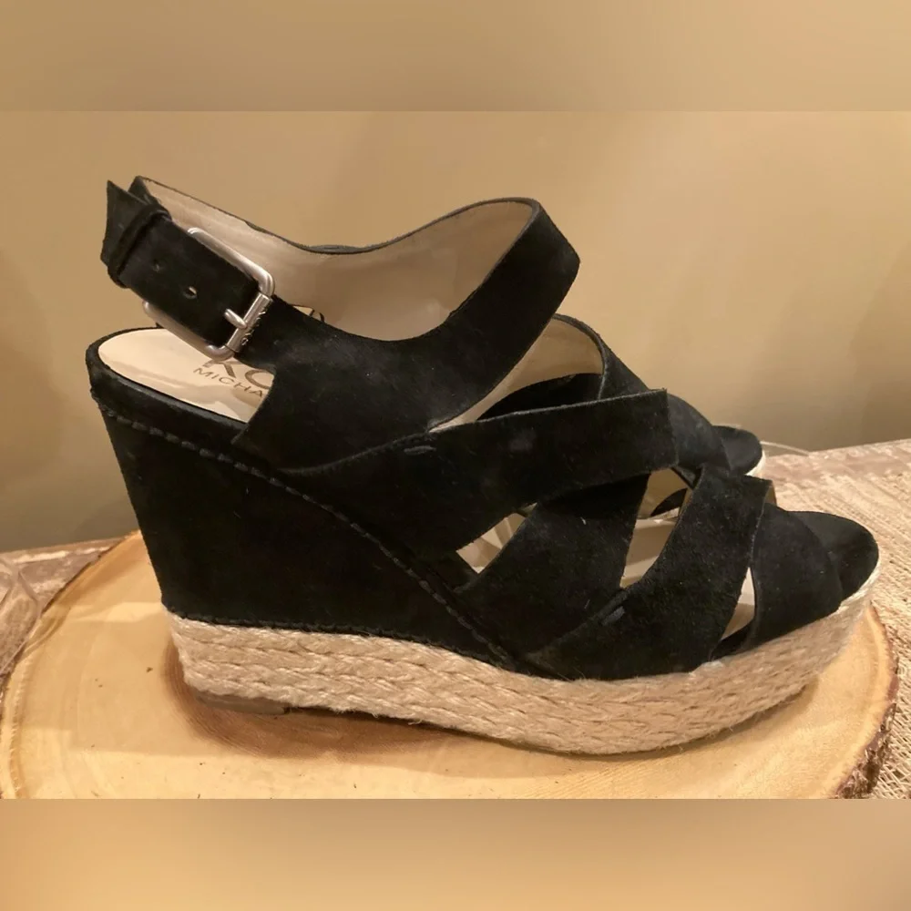 KORS MICHAEL KORS CYNTHIA Black Suede Designer Wedge Platform Sandal 10M‎ 265$